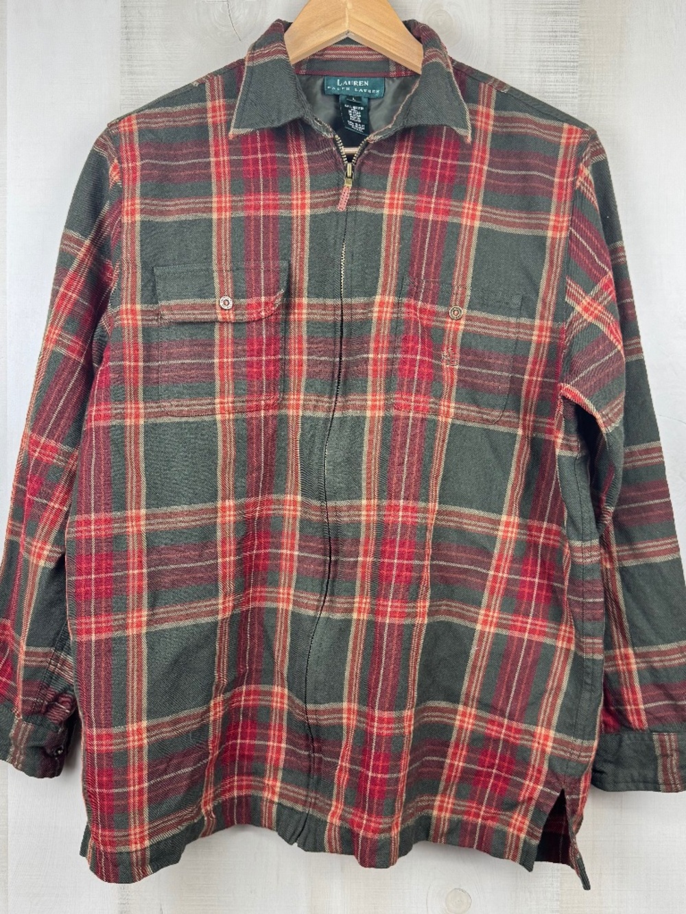 Vintage Lauren Ralph Lauren Womens Full Zip Tartan Plaid Wool Shirt Jacket Large